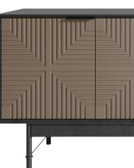 65" Beige And Black Wood Carved Geo Texture Enclosed Storage TV Stand