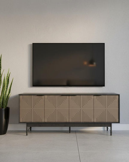 65" Beige And Black Wood Carved Geo Texture Enclosed Storage TV Stand