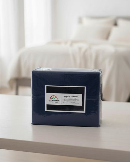 Four Piece Navy Blue Cotton King Sheet Set