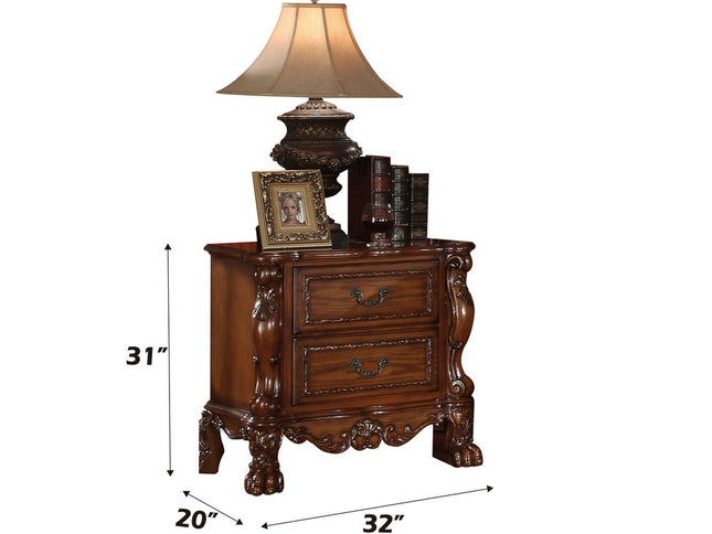 31" Brown Wood Carved Scrollwork Two Drawer Nightstand