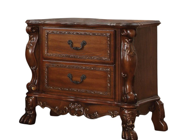31" Brown Wood Carved Scrollwork Two Drawer Nightstand