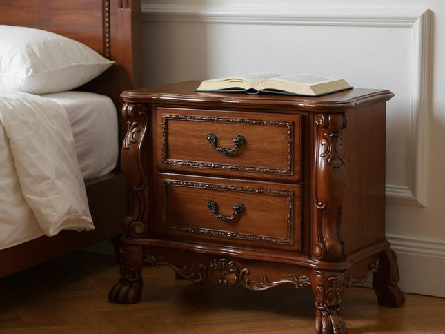 31" Brown Wood Carved Scrollwork Two Drawer Nightstand