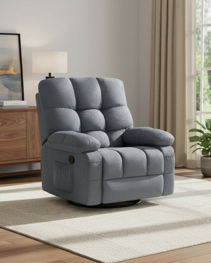 39" Blue Tufted Chenille Heated Massage Swivel Rocker Recliner With USB