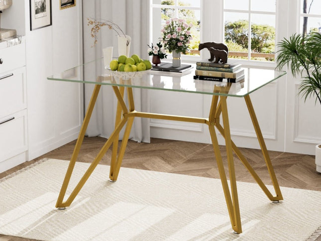 47" White and Gold Glass and Steel Trestle Coffee Table