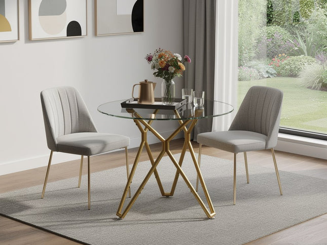 35" White and Gold Glass and Steel Round Trestle Coffee Table