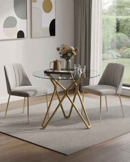 35" White and Gold Glass and Steel Round Trestle Coffee Table