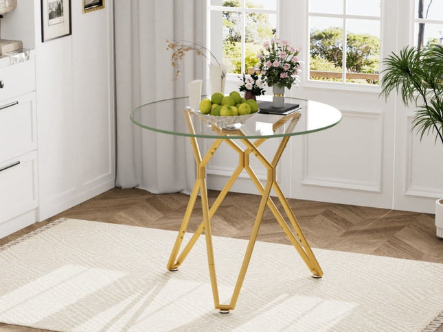 35" White and Gold Glass and Steel Round Trestle Coffee Table