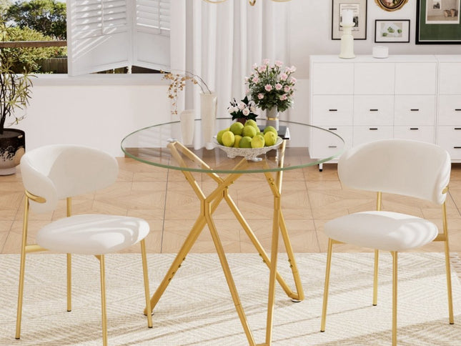 35" White and Gold Glass and Steel Round Trestle Coffee Table