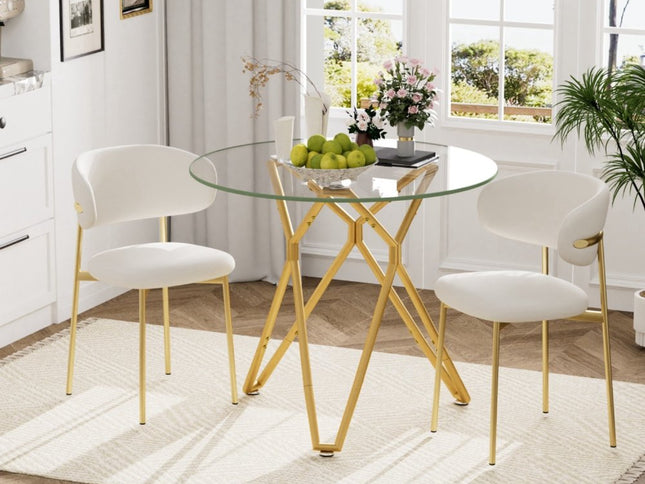 35" White and Gold Glass and Steel Round Trestle Coffee Table