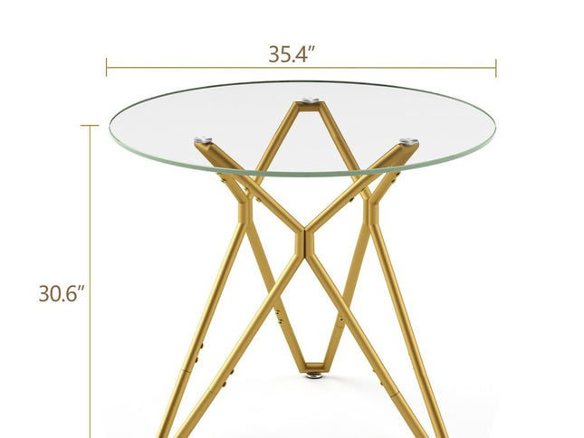 35" White and Gold Glass and Steel Round Trestle Coffee Table