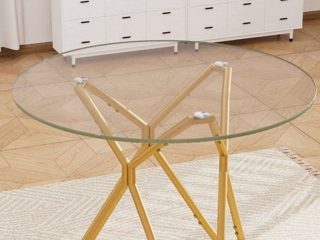 35" White and Gold Glass and Steel Round Trestle Coffee Table
