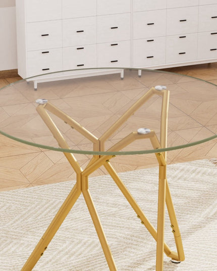 35" White and Gold Glass and Steel Round Trestle Coffee Table