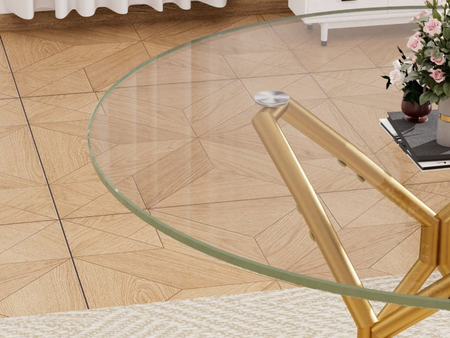 35" White and Gold Glass and Steel Round Trestle Coffee Table