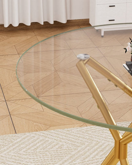 35" White and Gold Glass and Steel Round Trestle Coffee Table