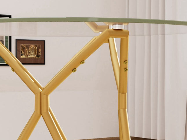 35" White and Gold Glass and Steel Round Trestle Coffee Table