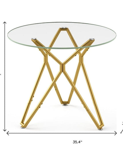 35" White and Gold Glass and Steel Round Trestle Coffee Table
