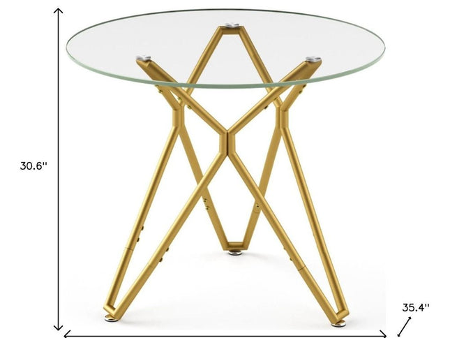 35" White and Gold Glass and Steel Round Trestle Coffee Table