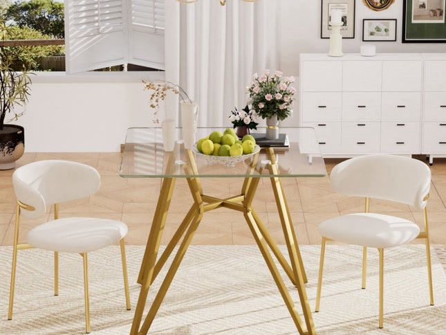 35" White and Gold Glass and Steel Square Trestle Coffee Table