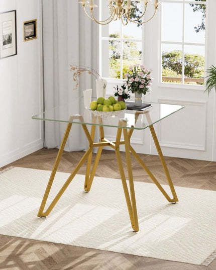 35" White and Gold Glass and Steel Square Trestle Coffee Table