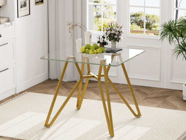 35" White and Gold Glass and Steel Square Trestle Coffee Table