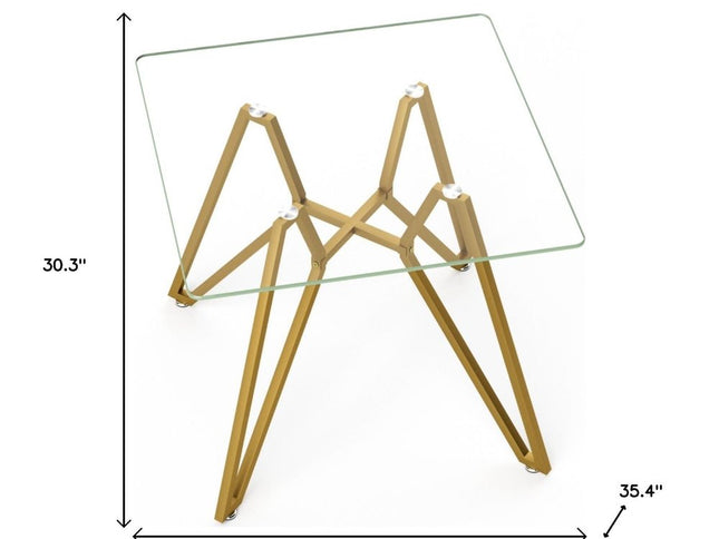 35" White and Gold Glass and Steel Square Trestle Coffee Table