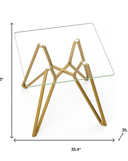 35" White and Gold Glass and Steel Square Trestle Coffee Table