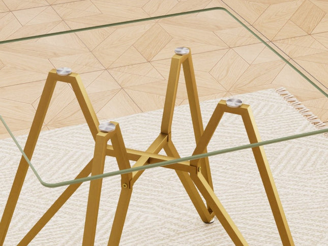 35" White and Gold Glass and Steel Square Trestle Coffee Table