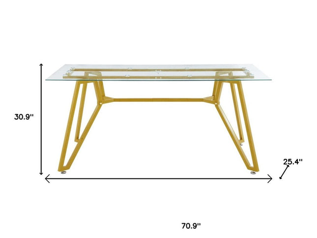 71" White and Gold Glass and Steel Trestle Coffee Table