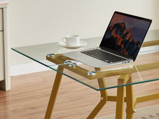 71" White and Gold Glass and Steel Trestle Coffee Table