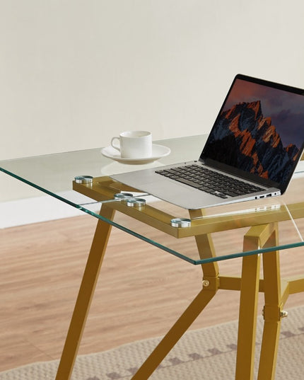 71" White and Gold Glass and Steel Trestle Coffee Table