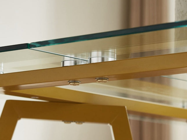 71" White and Gold Glass and Steel Trestle Coffee Table