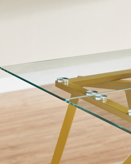 71" White and Gold Glass and Steel Trestle Coffee Table