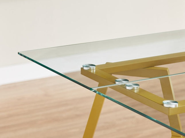 71" White and Gold Glass and Steel Trestle Coffee Table
