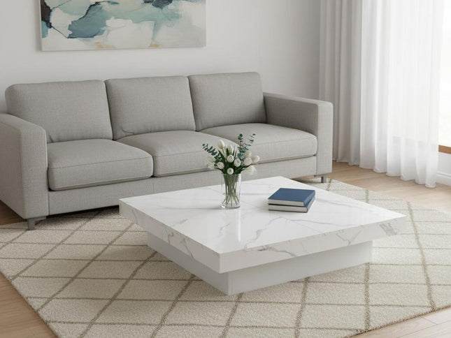 39" White Faux Marble Wood Square Coffee Table With Storage