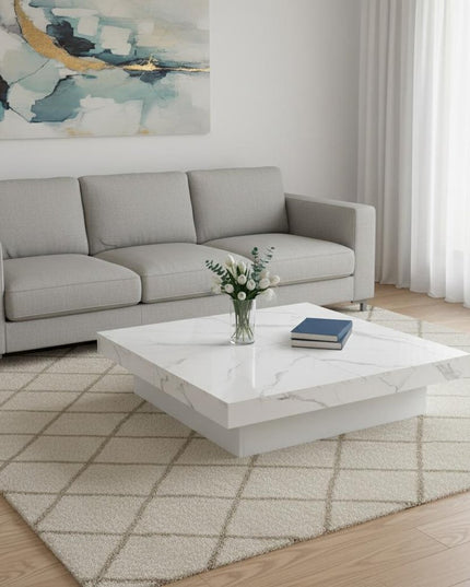 39" White Faux Marble Wood Square Coffee Table With Storage