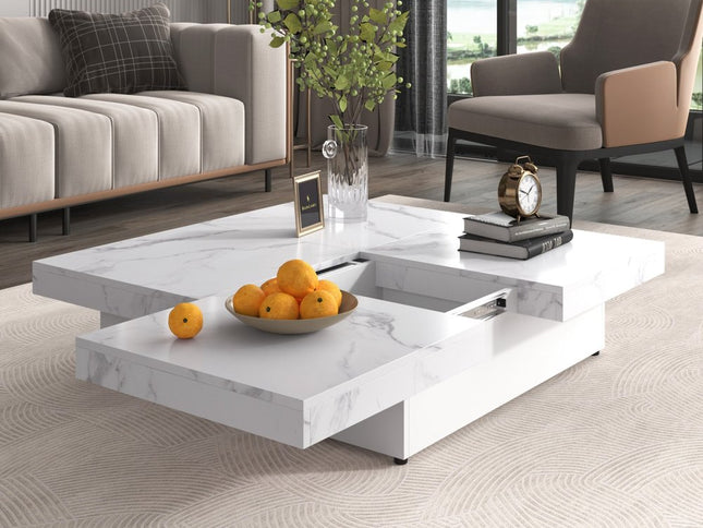 39" White Faux Marble Wood Square Coffee Table With Storage