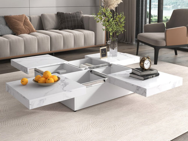 39" White Faux Marble Wood Square Coffee Table With Storage