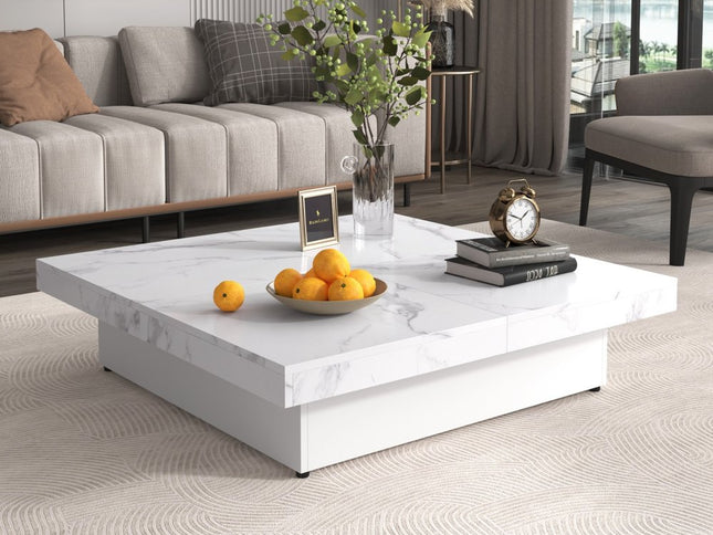 39" White Faux Marble Wood Square Coffee Table With Storage