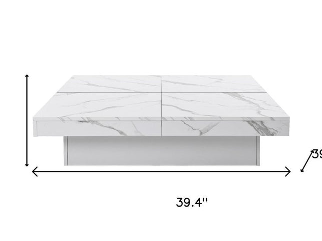 39" White Faux Marble Wood Square Coffee Table With Storage