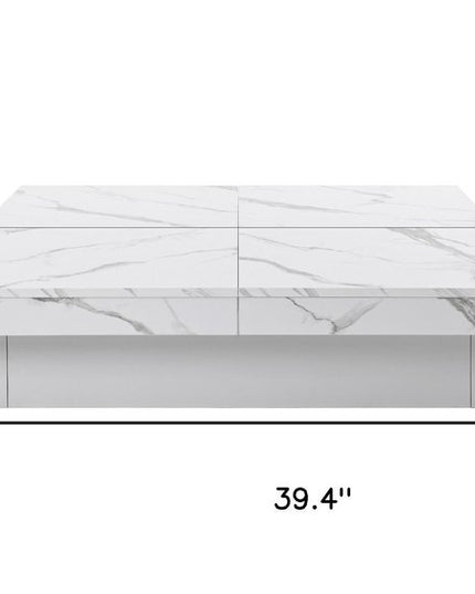 39" White Faux Marble Wood Square Coffee Table With Storage