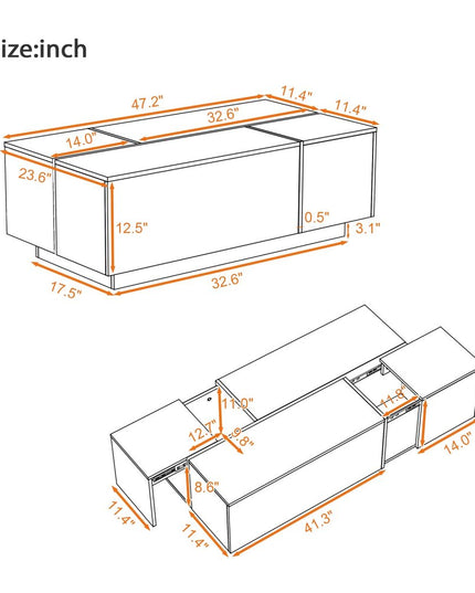 47" White Wood Extendable Coffee Table With Storage