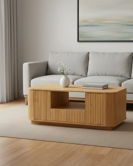 47" Natural Wood Oval Block Coffee Table With Storage