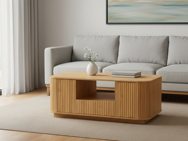 47" Natural Wood Oval Block Coffee Table With Storage