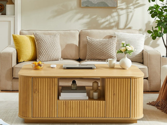 47" Natural Wood Oval Block Coffee Table With Storage