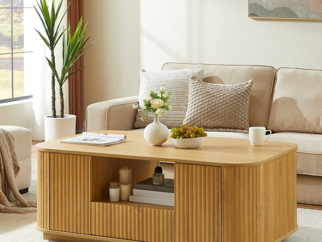 47" Natural Wood Oval Block Coffee Table With Storage