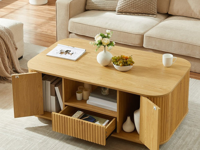 47" Natural Wood Oval Block Coffee Table With Storage