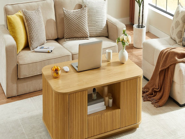 47" Natural Wood Oval Block Coffee Table With Storage