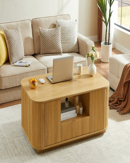 47" Natural Wood Oval Block Coffee Table With Storage