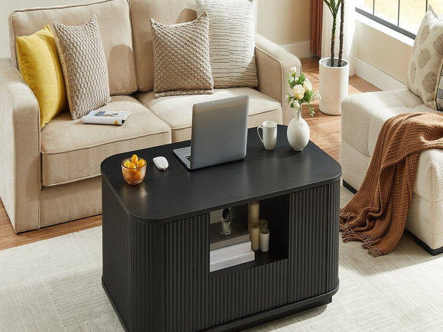 47" Black Wood Oval Block Coffee Table With Storage