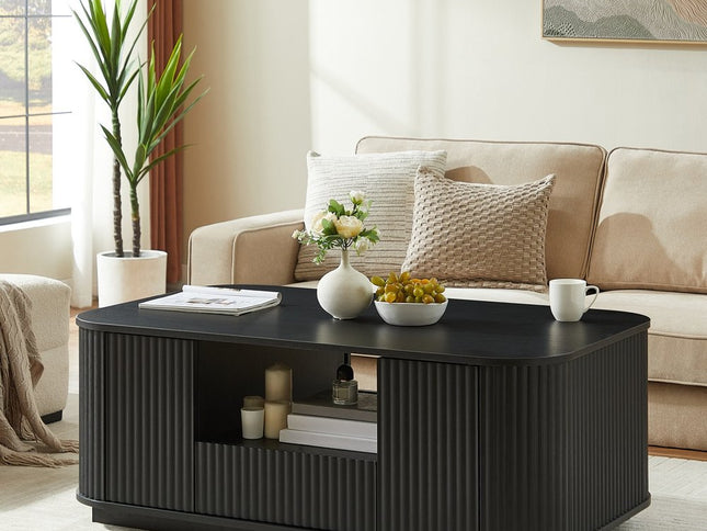 47" Black Wood Oval Block Coffee Table With Storage